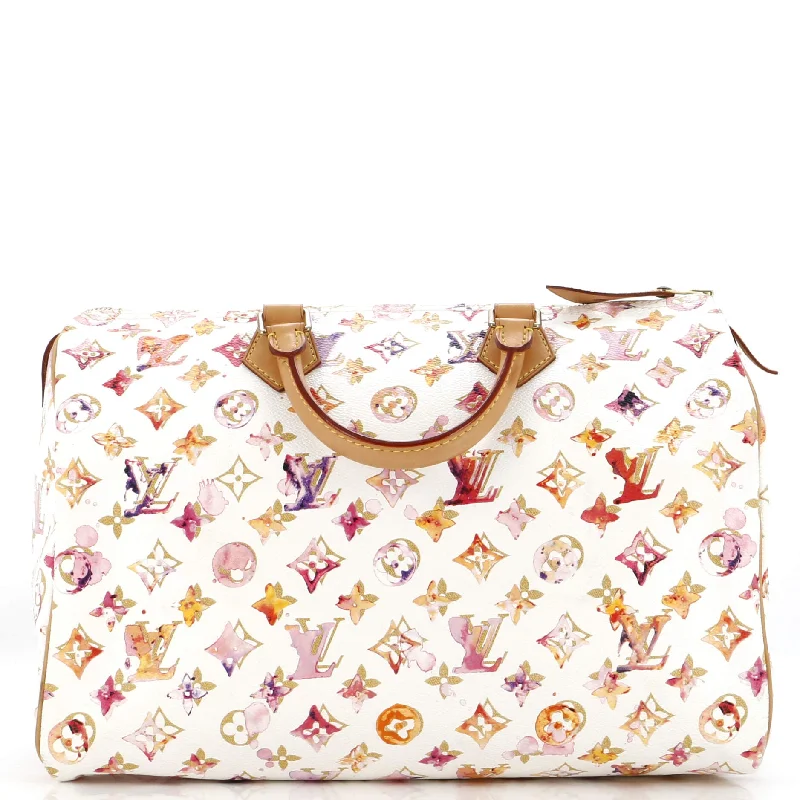 Metallic Shoulder Bag in Gold for Special OccasionsWomen's Shoulder Bag with Zippered Pockets in Orange for SafetySpeedy Handbag Monogram Watercolor Aquarelle 35 Metallic Shoulder Bag in Gold for Special OccasionsWomen's Shoulder Bag with Zippered Pockets in Orange for SafetySpeedy Handbag Monogram Watercolor Aquarelle 35